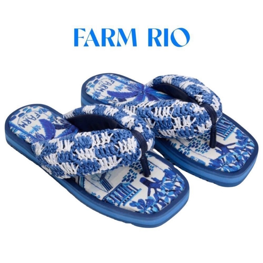 Farm Rio NEW Sweet Rio Raffia Puffy Flip Flop Blue White Vegan Summer Women US 6 - Picture 2 of 16